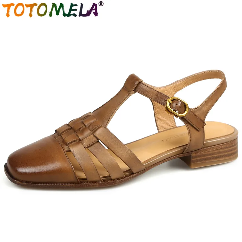 

TOTOMELA 2024 New Gladiator Genuine Leather Women Sandals Vintage Square Med Heels Sandals Ladies Slingbacks Buckle Shoes