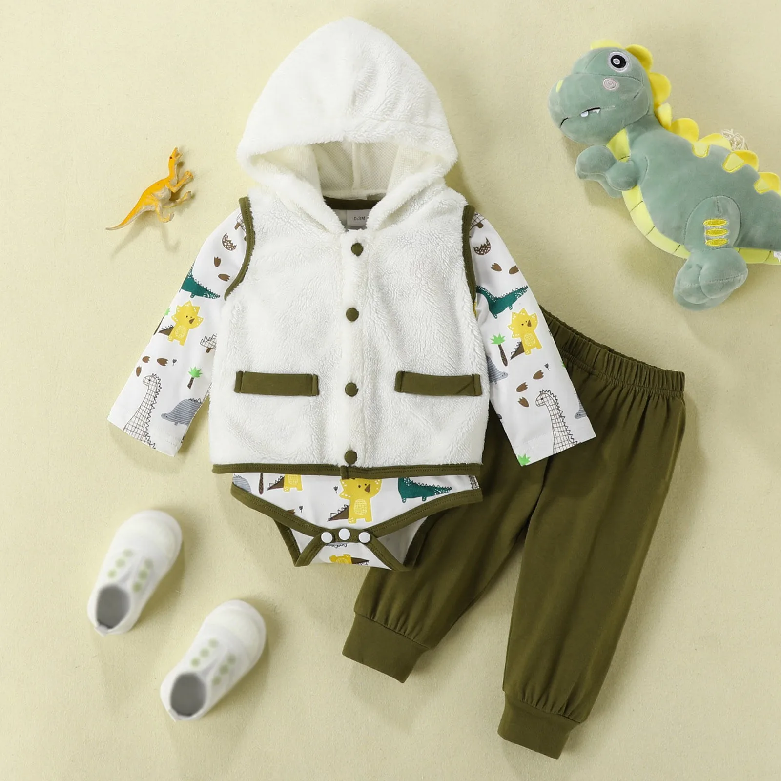 

3 6 12 24M Infant Baby Clothes Sets Hooded Vest+Cartoon Dinosaur Print Long Sleeve Romper+Pants Sets Toddler Winter 3Pcs Outfits