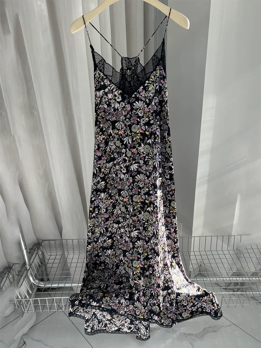 Summer casual plant printed silk camisole dress new women's lace patchwork V-neck floral sleeveless long dress