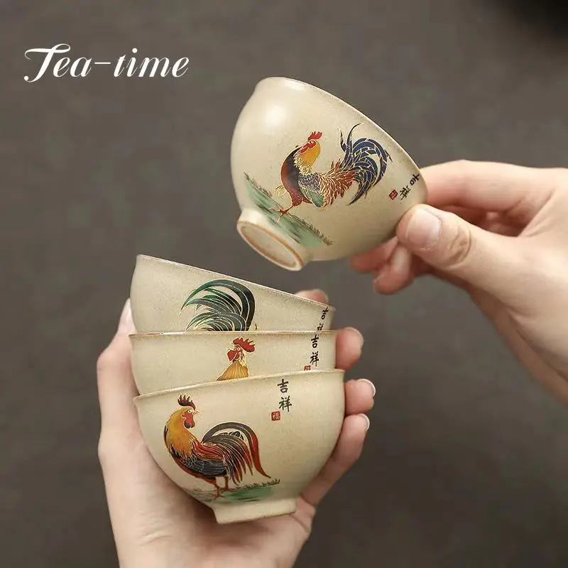 Antique Pottery Ceramic Teacup Hand Painted Cock Tea Cup Travel Portable Tea Bowl Pu'er Master Cup Chinese set Accessories