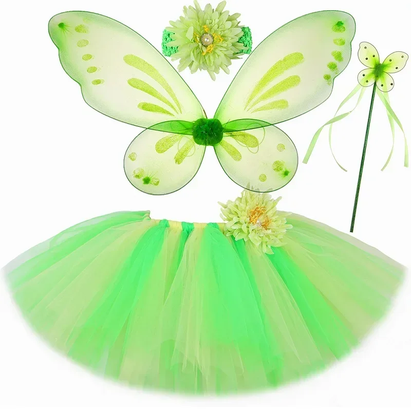 thumbnail image 1 of Conjunto de falda de tul con alas de mariposa para niñas, disfraz de duende verde, hada, tutús para bebés y niñas, faldas de tul mullidas para niñas, 1 of 5