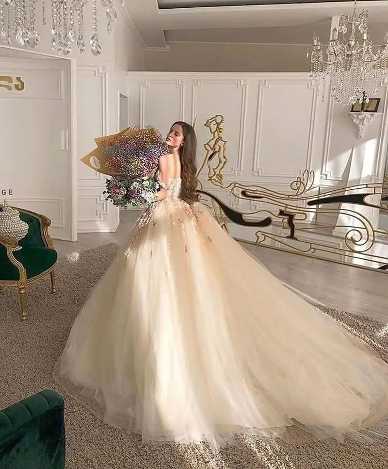 Champagne Fairy Princess Quinceanera Dresses Handmade Flower Floral Off Shoulder Sweep Train Prom Party Gown