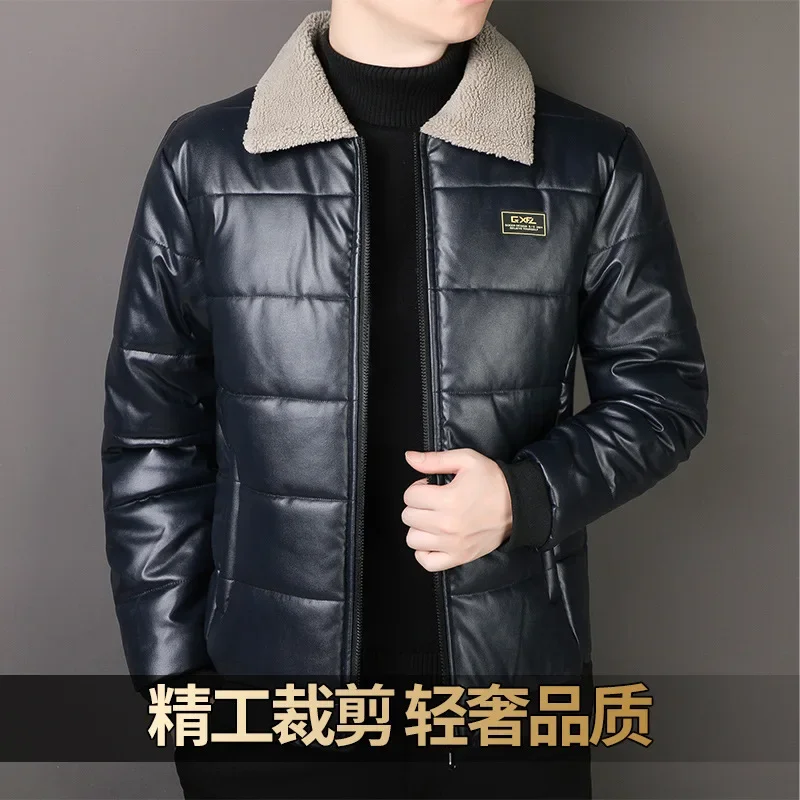 high quality winter leather jacket and coat for men big size quilted padding lining zipper 2023 causal outerwear clothing black