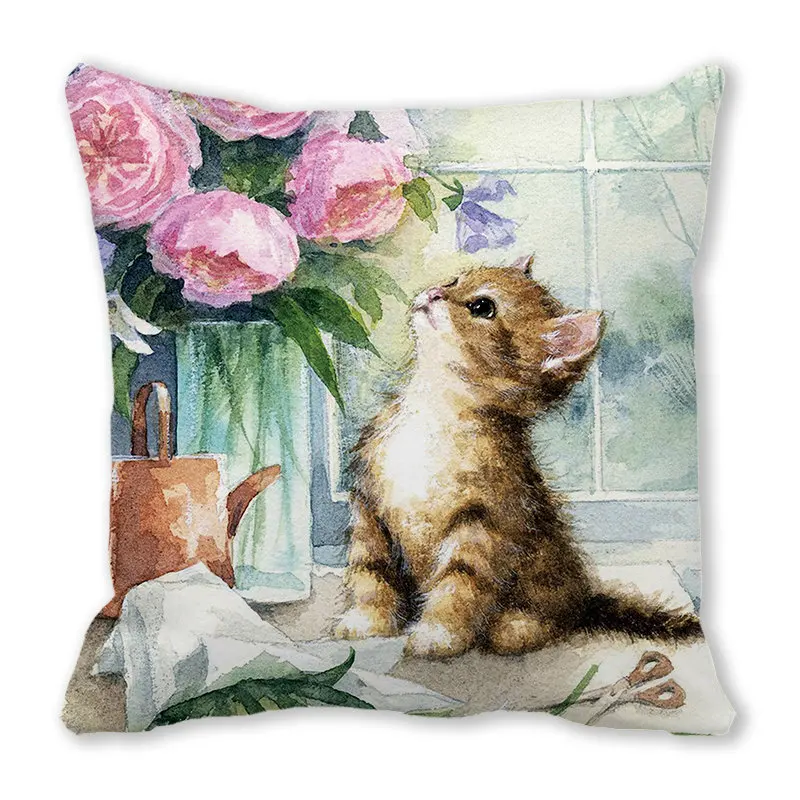 Christmas Decor Pillow Cover Farmhouse Home Sofa Decorative Throw Pillow Case Cute Pet Cats Dogs Pillowcase Floral Cushion Cover