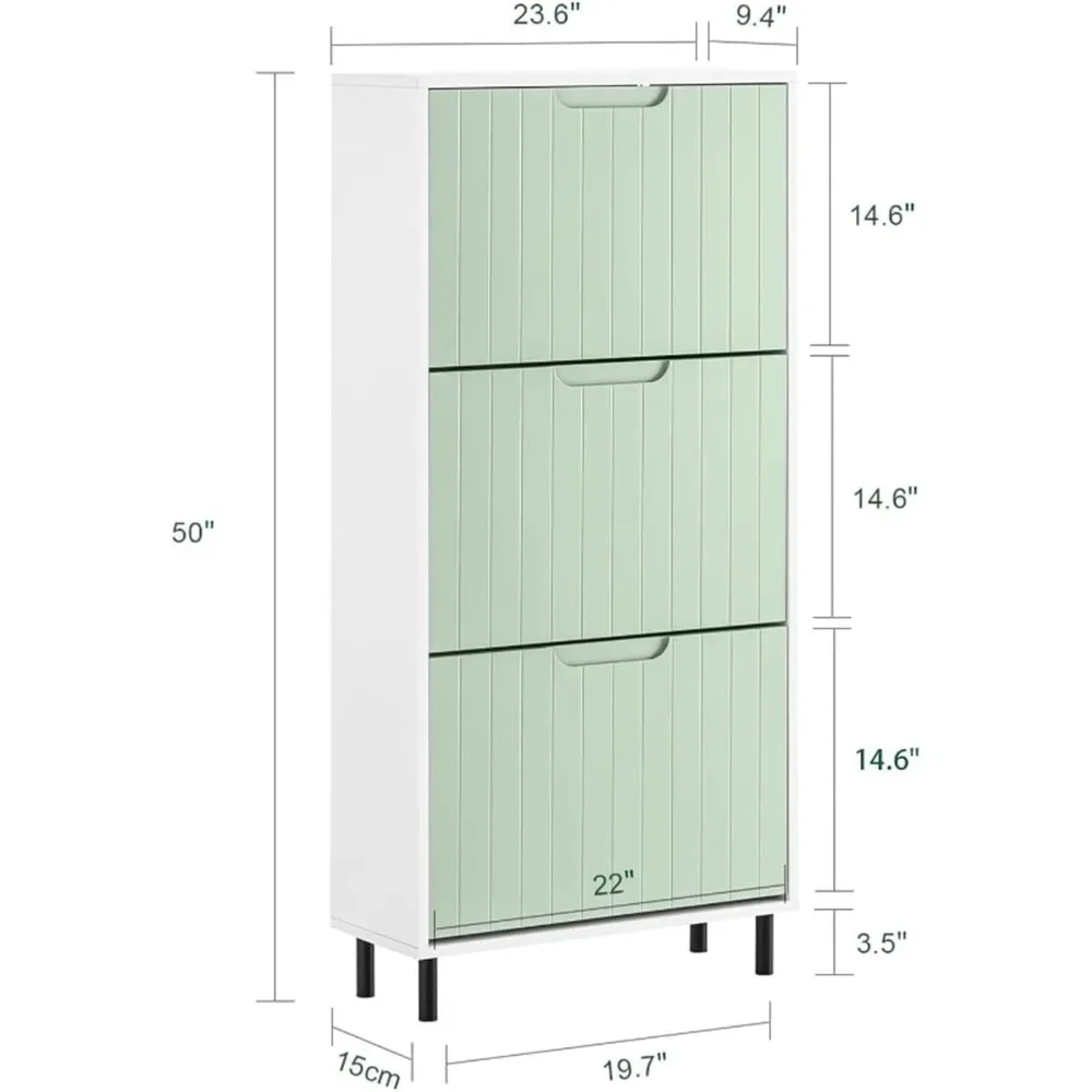 Green Shoe Cabinet with 3 Flip-Drawers，Freestanding Shoe Rack，Storage，Shoe Organiazer for Entrance Hall 2