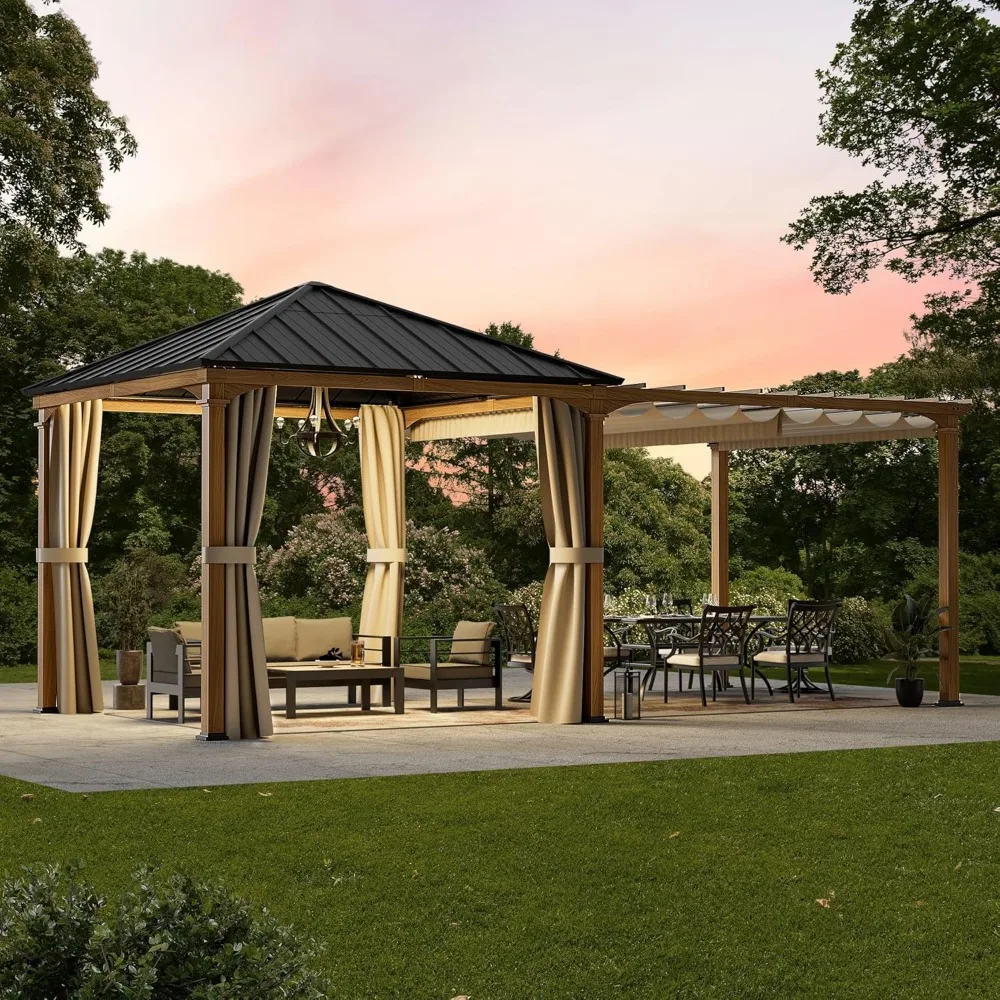 Modern Shade Sunrise Coast Pavilion Pergola Hybrid Gazebo with Adjustable Shade Fabric, Hardtop Roof with Privacy Curtai 3