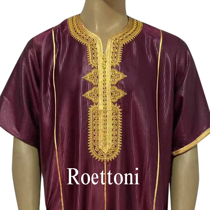 Islam Jubba Thobe Ramadan Qamis Homme Caftan Djellaba Man New Embroidery Short Sleeve Moroccan Jellabiya Muslim Clothing