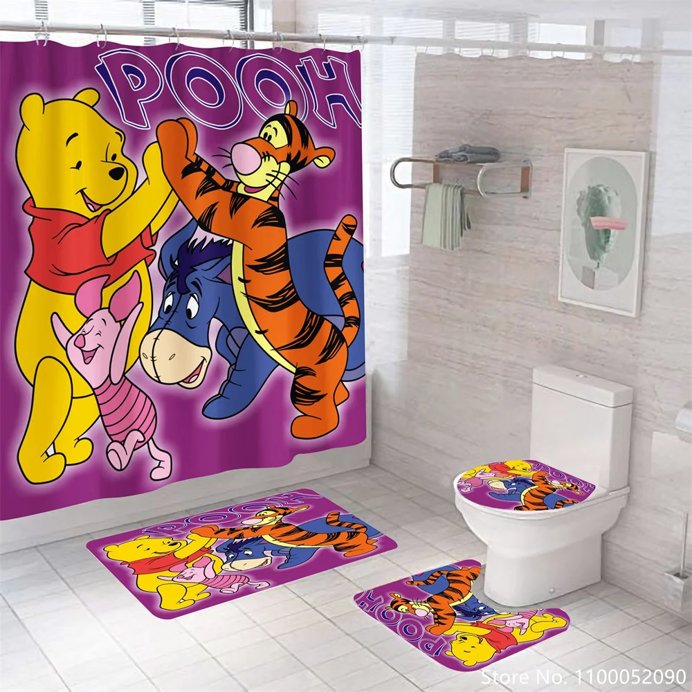 Winnie The Pooh Tigger 3D Shower Curtain Set Waterproof Bathroom Curtains Anti-slip Soft Bath Mat Toilet Rugs WC Carpet Blanket baby sleeping bag