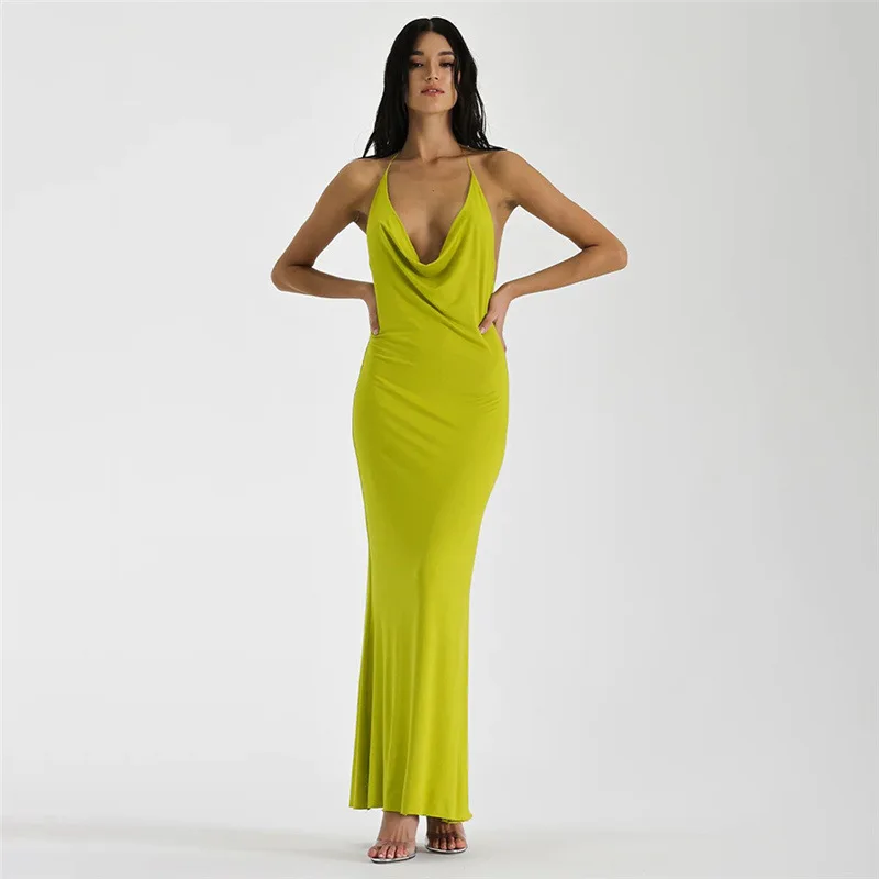 

2024 Spring and Summer Women's New Solid Color Deep V Pile Collar Suspender Large Backless Sexy Party Dress Women's Halter Neck