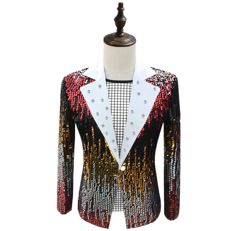 

Mens Sequin Performance Suit Slim Fit Host Master of Ceremonies Dress Casual Korean Style Multicolor Stage Costume