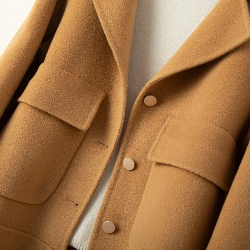 2023 Autumn Winter New Women Fashion Turn-Down Collar Double Sided Wool Coat Female Temperament Slim Fit Casual Cashmere Jacket