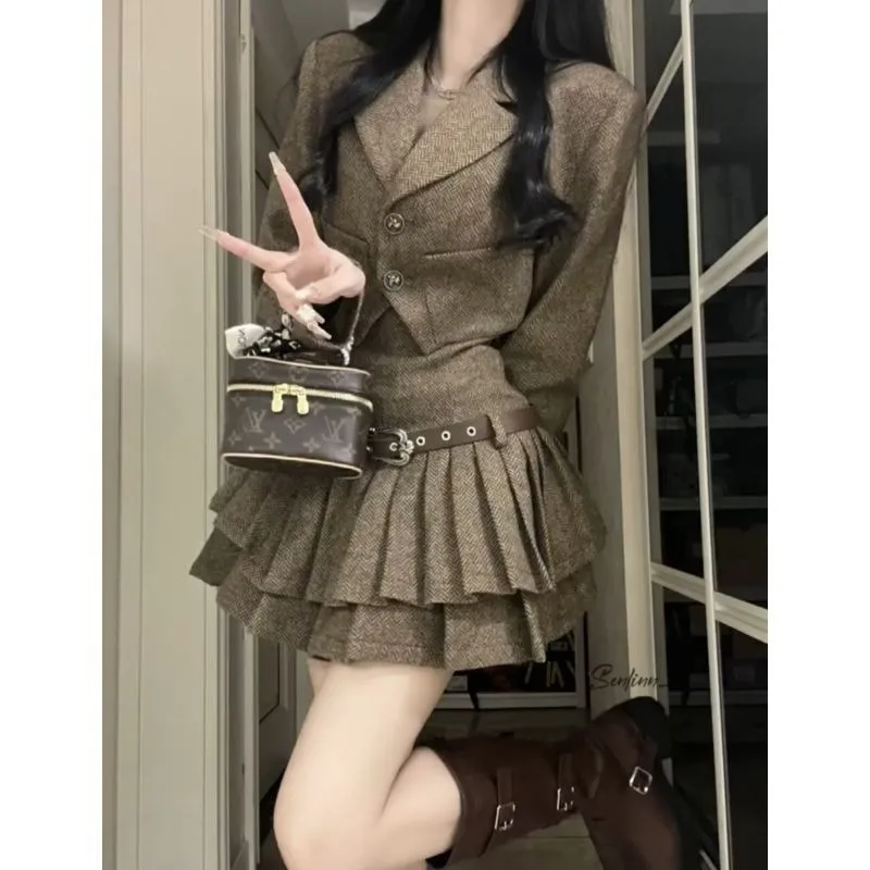 

French Suit Jacket Suspender Pleated Skirt Two-piece Set Women Temperament High-end Lapel Waist Solid Slim Autumn College Suit