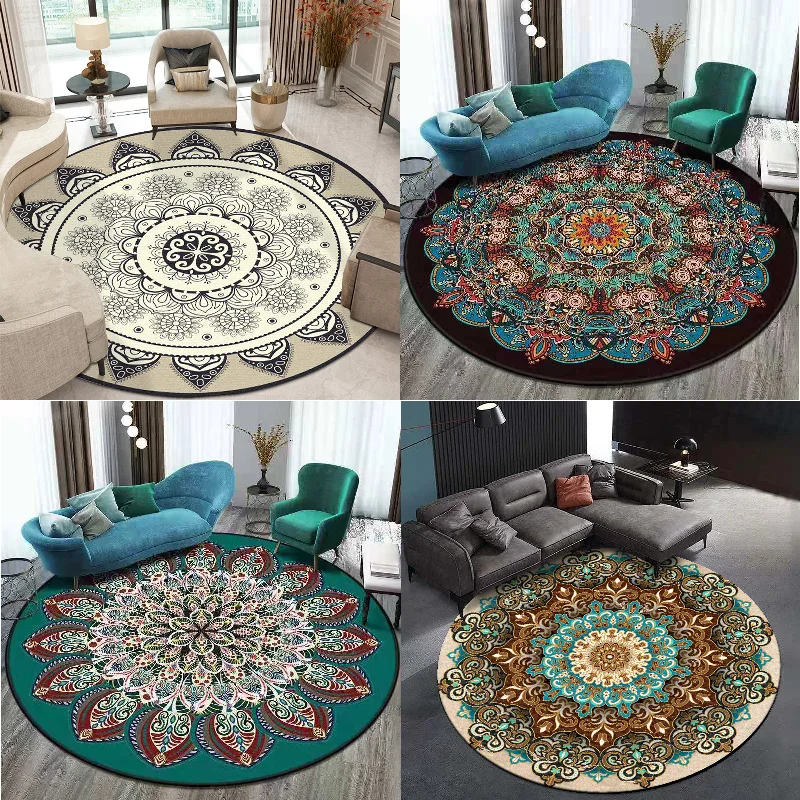 Bohemia Mandala Round Carpet Living Room Geometric Ethnic Flowers Bedroom  Anti-slip Vintage Floor Mat Home Decoration