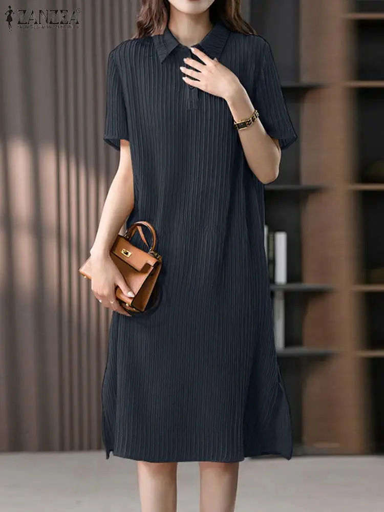 

ZANZEA Women Elegant Sundress Summer Fashion OL Work Dress Lapel Neck Short Sleeve Casual Solid Knee-length Robe Shirtdress