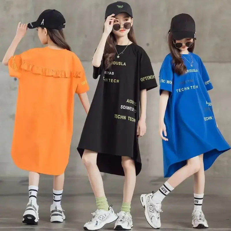 

Fashion Summer 2024 Girls Dresses Kids Short Sleeve Casual Loose Dress Children Clothing Vestido Teen Dresses 8 10 12 14 Year