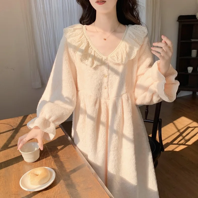 Fleece Nightgown Lace Sleepwear Womens Winter Night Dress Warm One Piece Pajamas Korean Style Long Sleeve Solid Ruffle Home Wear