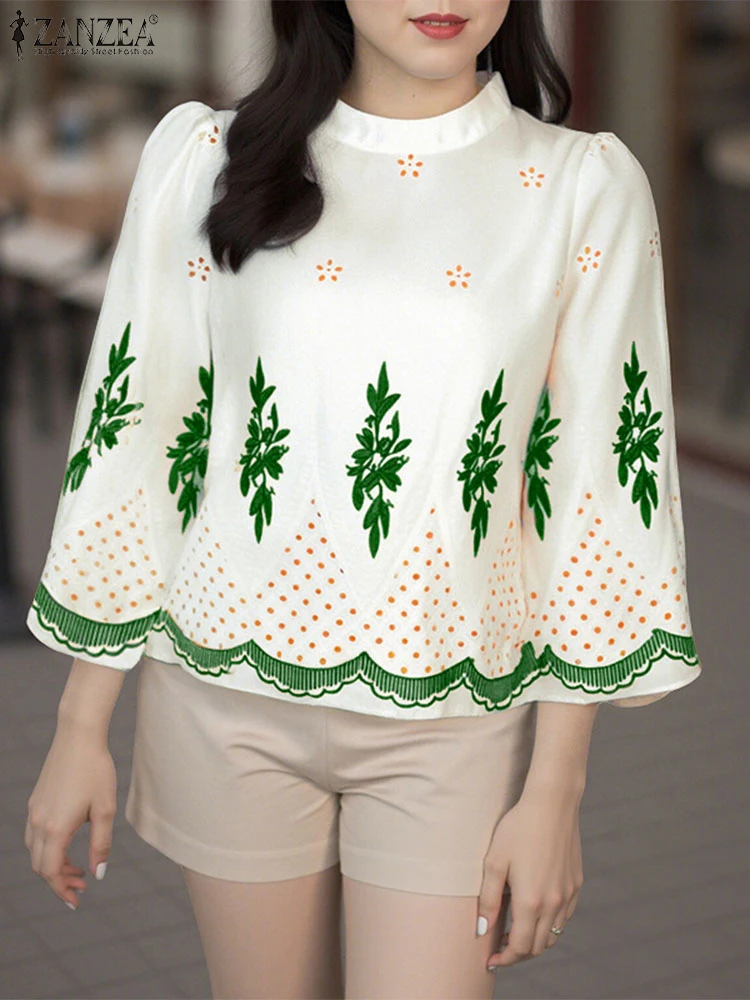 Women Summer Elegant Print Blouse Puff Sleeve Casual Tops