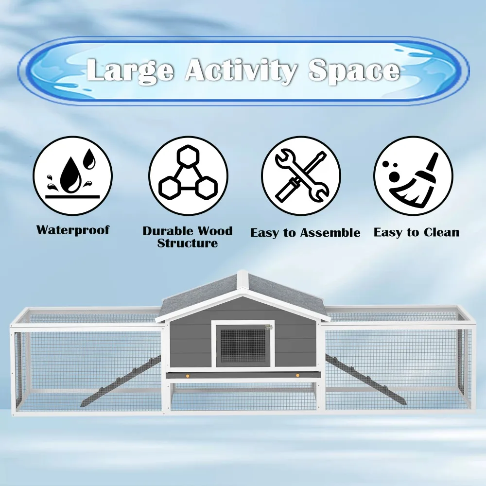 2-Story Large Wooden Rabbit Hutch Pet House with Ramps, Lockable Doors, Run Area and Asphalt Roof for Outdoor Use