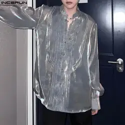 Men Shirt Solid Shiny Lapel Long Sleeve Mesh Loose Men Clothing Streetwear 2023 Transparent Fashion Party Shirts S-5XL INCERUN