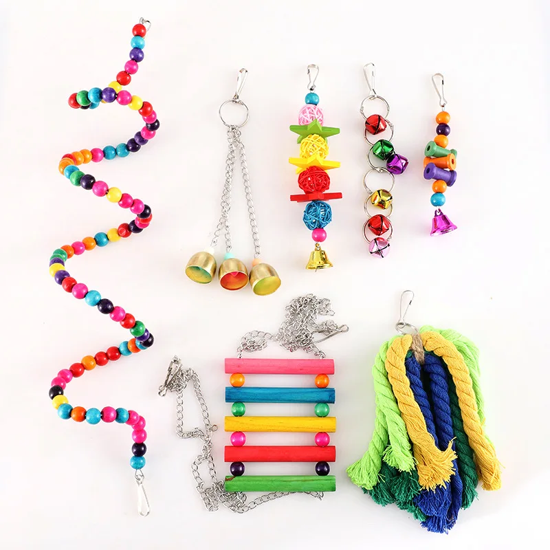 7 Piece Bird Toys Set Parrot Bird Cage Toys Pendant Accessories Parrot Stand Stick Swing Bird Toy Set Supplies - Image 2