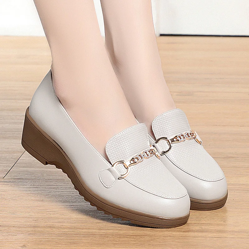 Spring Summer Women Loafers Flat Shoes Height Increasing Black Footwear Slip-on Moccasins Casual Wedge Soft Leather Shoes