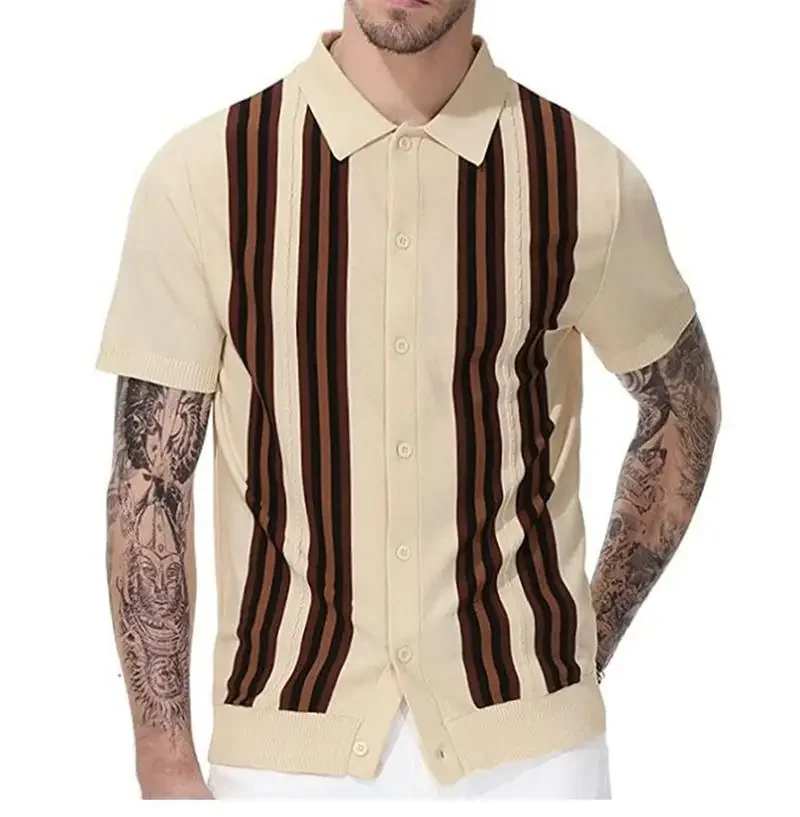 

Men's 2023 Summer New British Style Retro Casual Apricot Stripe Patchwork Knitted Short Sleeve Jacquard Business Polo Shirt