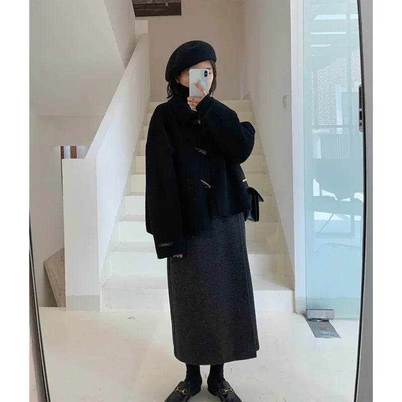 HOUZHOU Vintage Black Tweed Jacket Women Korean Fashion Streetwear Wool Blends Coat Chic and Elegant Winter Old Money Style