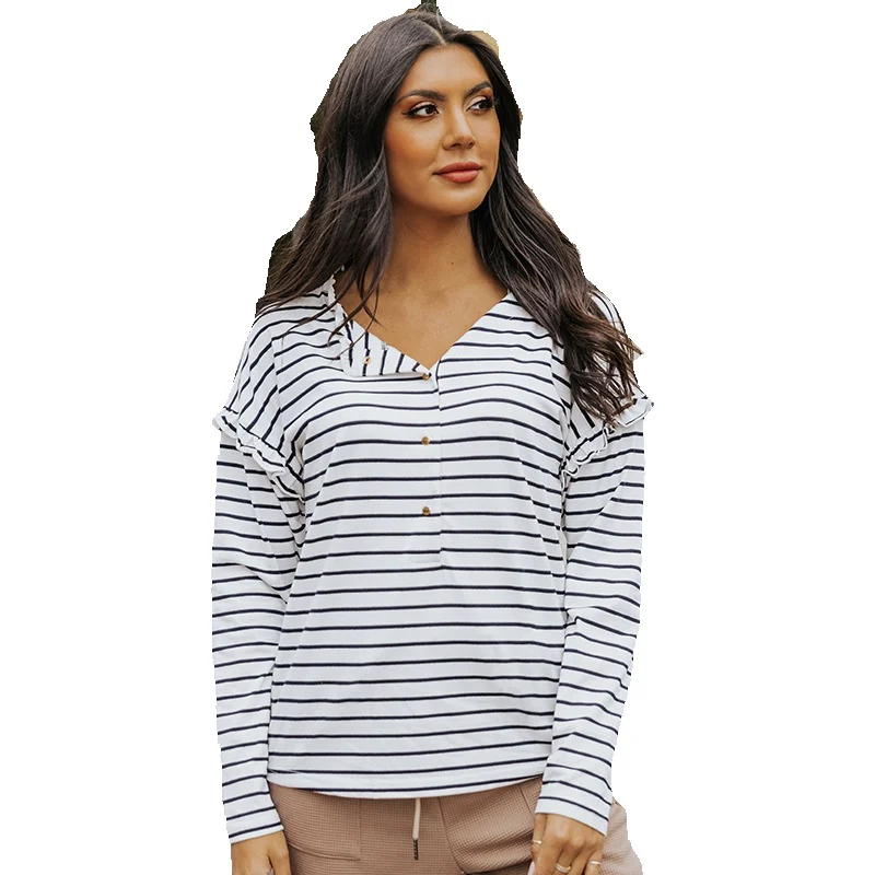 

Shi Ying Striped V-Neck Long Sleeved Top For Women's Slim Fit And Versatile Base Shirt T-Shirt 25116015
