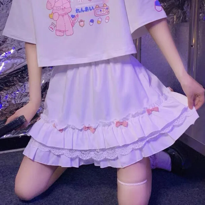 HOUZHOU Kawaii White Mini Skirts Women Harajuku Ruffle Lace Bow