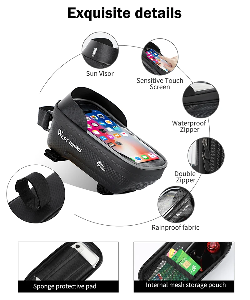 WEST BIKING Bicycle Bag Waterproof Touch Screen Cycling Bag Top Front Tube Frame MTB Road Bike Bag 6.5 Inches Phone Case