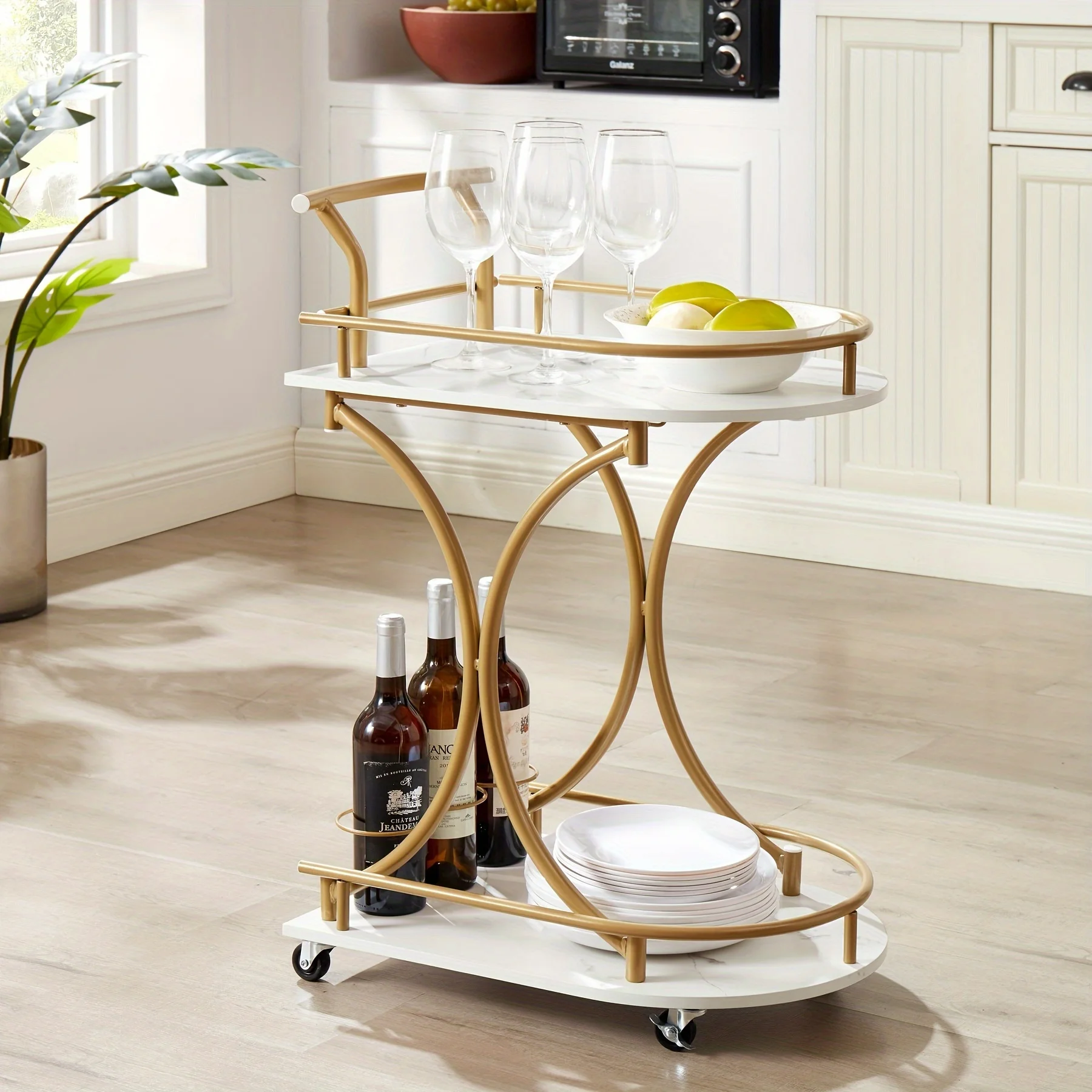 

2-Tier Bar Cart, Mobile Bar Serving Cart, Industrial Style Wine Cart for Kitchen, Beverage Cart with Wine Rack and Glass Holder,