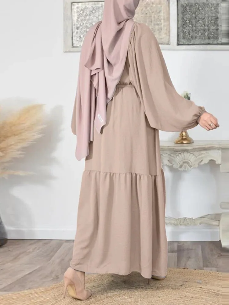 2023 Musulman Abaya Dress New Solid Bubble Sleeve Abayas for Women's Dress with Belt Musulmane Fashion Dress