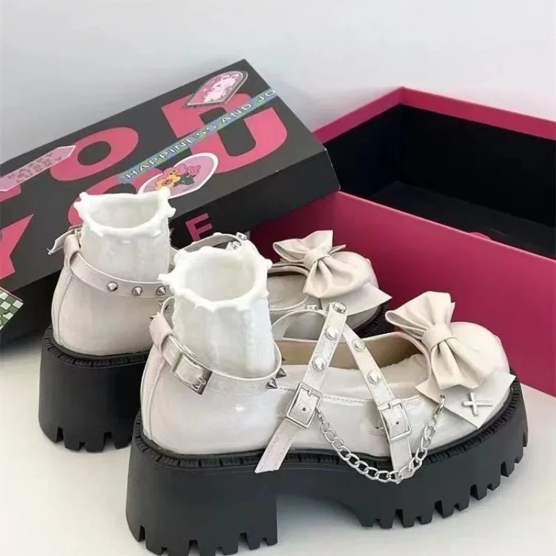 Women Mary Jane Shoes Lolita Solid Color Spring Fashion Butterfly Knot Outdoors Thick Non-slip Female Shoes