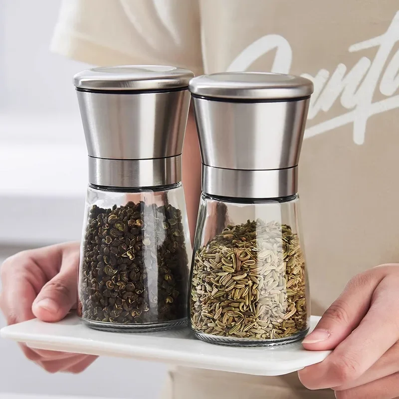 Pepper Grinder 2-in-1 Cooking Seasoning Grinding Storage Bottle Stainless Steel 2-Layer Adjustable Compartment