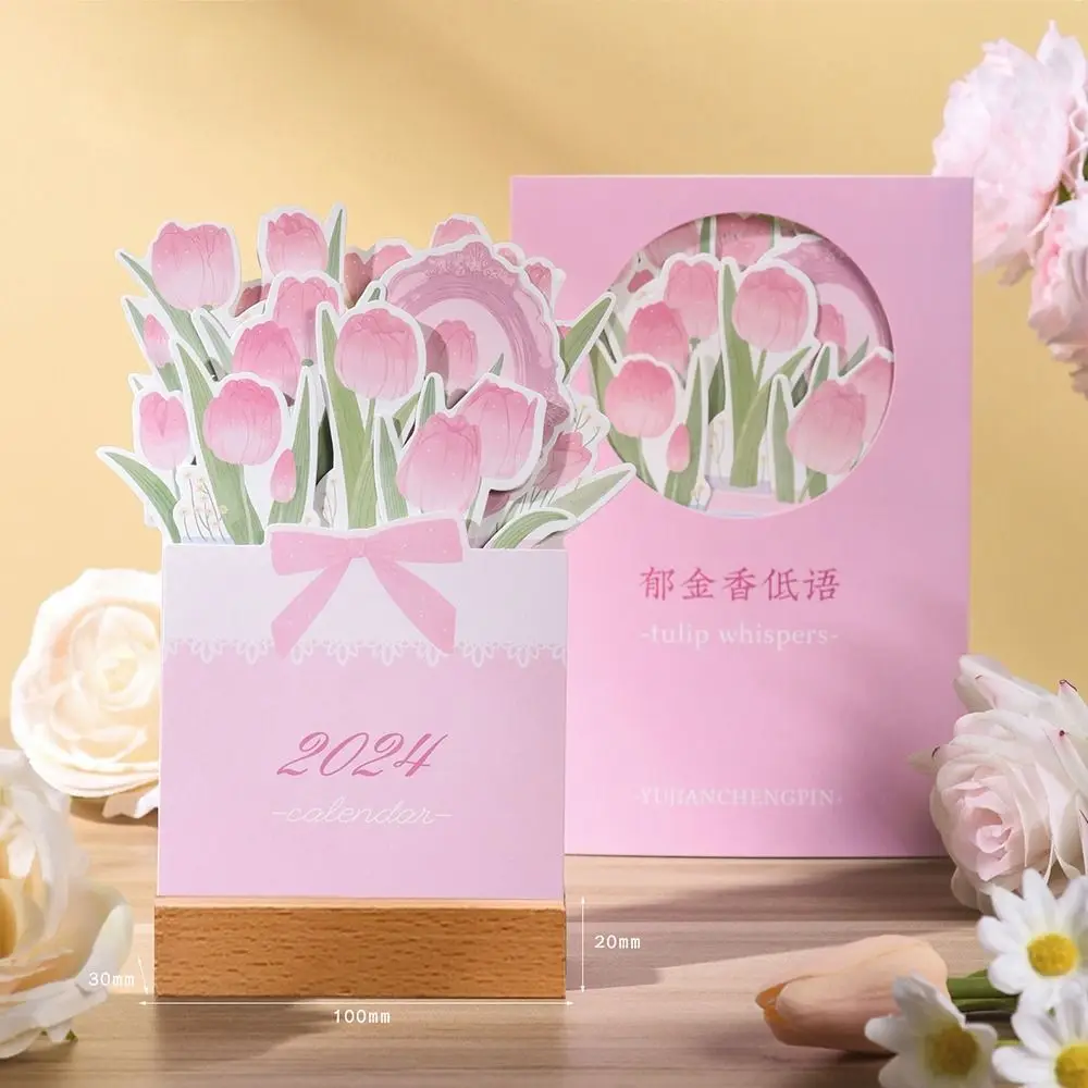 

Rose Tulip Flower Flower Series Wooden Calendar Miniature Art Ornament Daily Schedule Planner 2024 Stand Flower Calendar