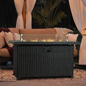 Description Picture 2 of itemKozyard Outdoor Patio Propane Gas Fire Pit Table - 50,000 BTU Wicker Design with Aluminum Tabletop, Glass Wind Guard, Clear