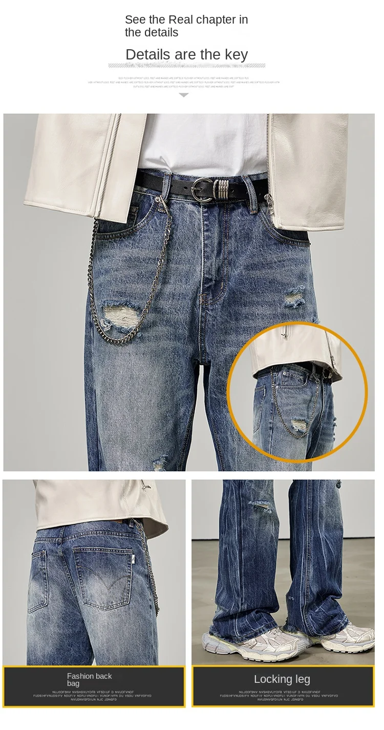 Description Picture 5 of item2024New Ripped Jeans Men's Personality Fashion Design American High Street Style Loose Straight Flare Pants