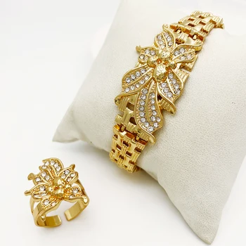 Wedding Jewelry Set Africal Big Flower Choker Necklace Fine Zircon Bracelet Piercing Earring Ring 18K Gold Plated Jewellery 5