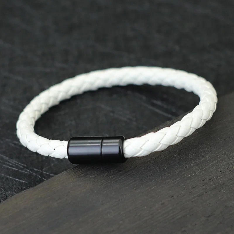 Leather Men Hiphop Braided Magnetic Clasp Black Bracelet