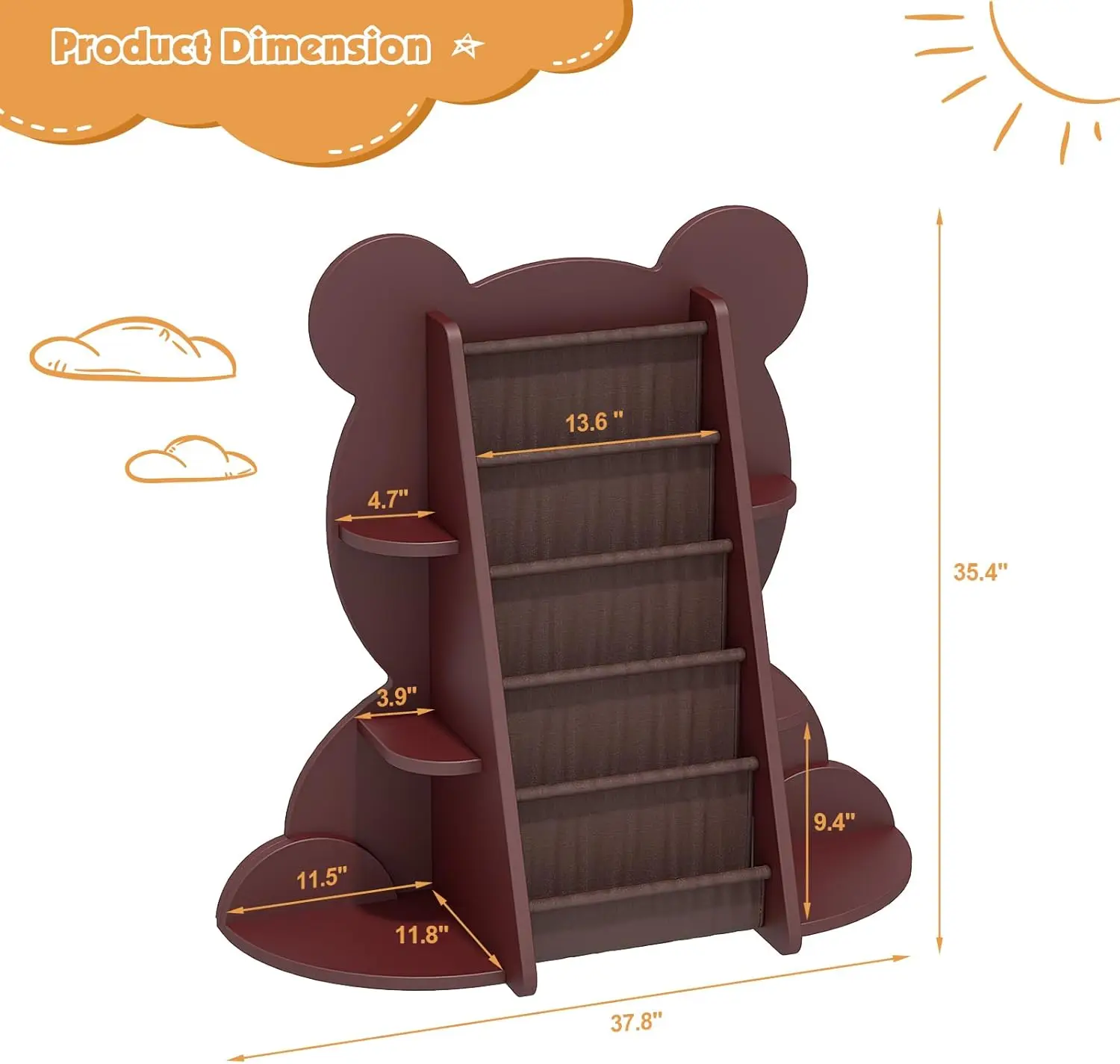 Brown Bear Kids Bookshelf Sling Toddler Bookcase 5-Tier Montessori Baby Book Rack Children Toy Storage Organizer Wood Display 3