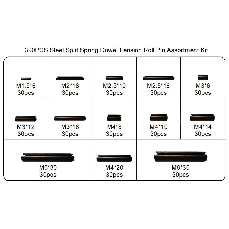 스틸 블랙 탄성 원통형 코터 핀 분할 스프링 다월, 펜션 롤 핀 모음 키트, 메가 GB879, 390 개