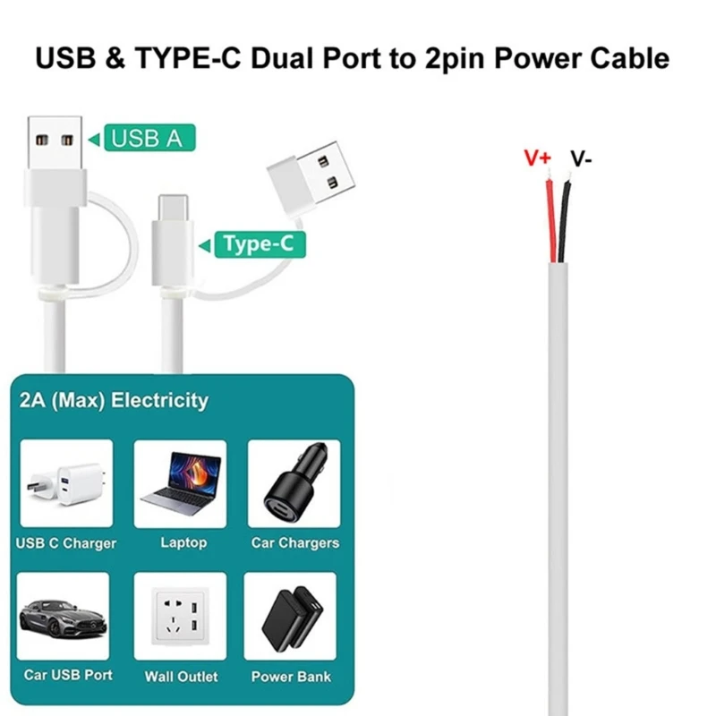 Câble de queue de cochon d'alimentation USB C 5V 2A USB Type C mâle à 2 broches fil nu cordon de queue de cochon d'alimentation