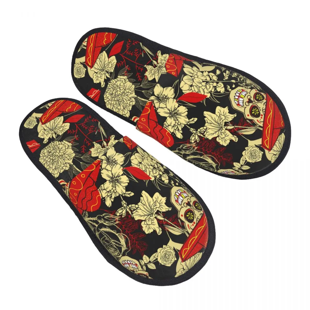 

Skull And Yellow Flowers Pattern Slipper For Women Men Fluffy Winter Warm Slippers Indoor Slippers