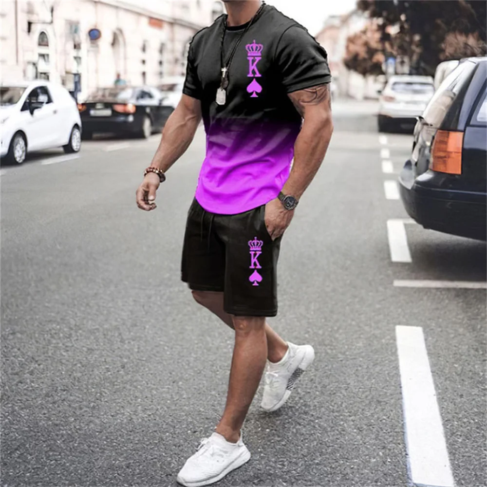 Summer Casual Fashion Poker Series Style Suit  Men's 3D  Printed Shorts Personality Top T-shirt  Jogging Sports Running Clothing