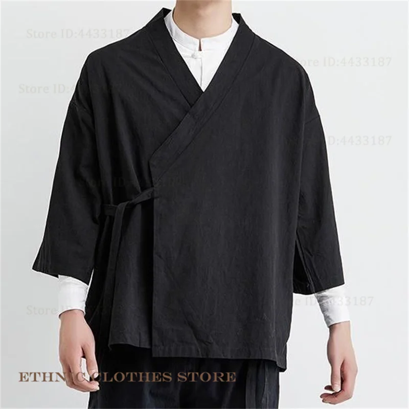 Plus Size Men's Kimono Cardigan Jacket Cotton Linen Japanese Yukata Haori Loose Open Front Hanfu Coat Samurai Costume Streetwear