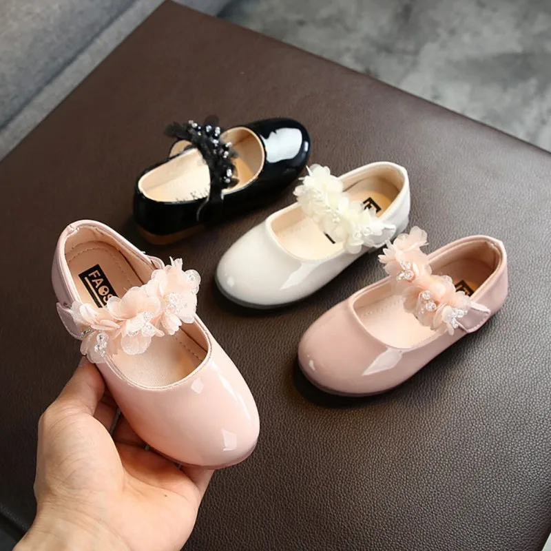 Flat Baby Girls Leather Shoes Fashion Flower Anti-Slip Casual Sneakers Toddler Soft Soled Princess PU Walking Shoes Hook&Loop