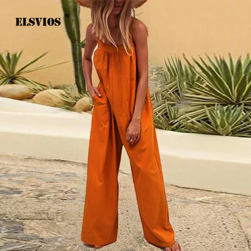 

Vintage Casual Loose Solid Women Jumpsuits Sexy Sleeveless Spaghetti Strap Pocket Straight Rompers 2022 Autumn Summer Streetwear
