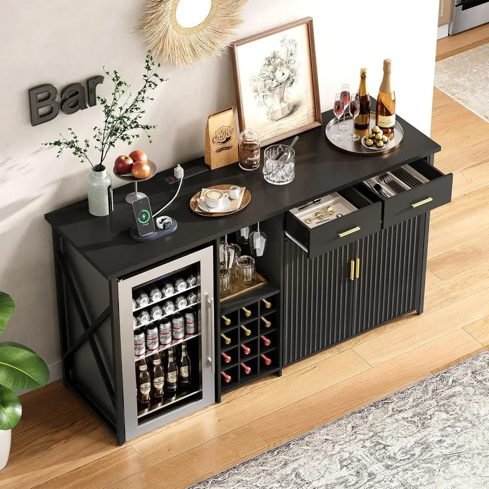 Mini Fridge Cabinet with Storage,69.01" Coffee Bar Cabinet with Fridge Space,Wine Outlet,Wine Rack & Drawers