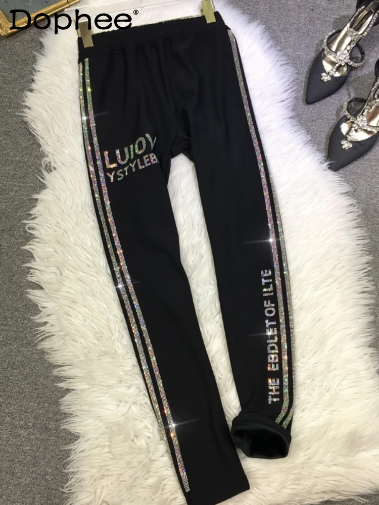 heavy-hot-drilling-high-waist-rhinestone-lines-black-pants-female-2023-autumn-winter-fleece-lined-thick-slim-fit-leggings-women