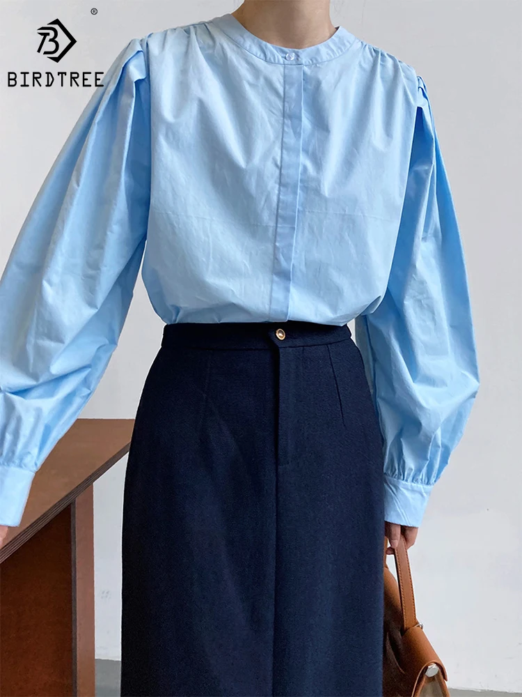 

Autumn New Cotton Shirt French Balloon Sleeve Design Gentle Chic Round Neck Comfortable Casual Versatile Blouse Woman T39769QD